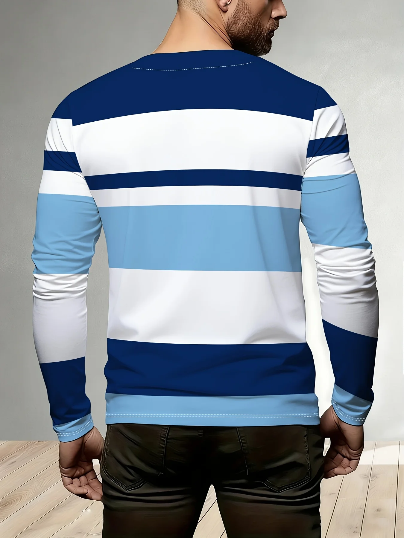Men Autumn Winter Long Sleeve T Shirt Blue White Color Block Stripe Print Round Neck Casual Daily Wear Men's Clothing