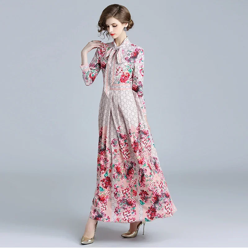 Spring Summer Women\'s Fashion Waistband Slim Long Sleeve Printed Ribbon Neck Temperament Long Dress High Quality Dress