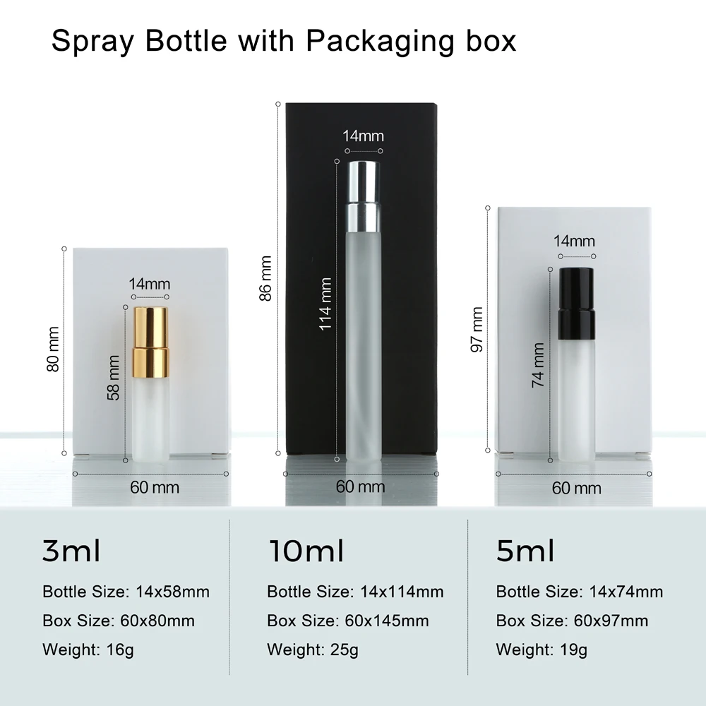 50PCS High-Quality 3/5/10ml Frosted Glass Perfume Spray Bottles, Reusable Sample Bottles, with Exquisite Packaging Boxes