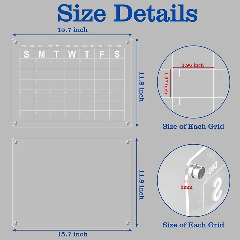 2 stuks acryl magnetische kalender voor droog uitwisbare bordkalender, met 8 droog uitwisbare markers