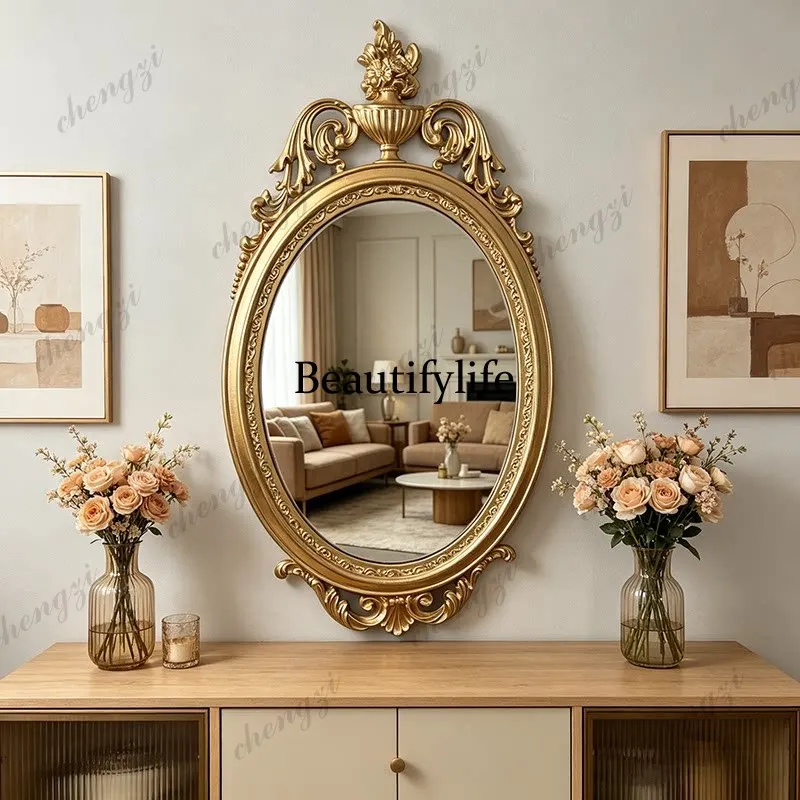 French court style fireplace decorative mirror American retro wall-mounted cosmetic mirror carved bathroom mirror