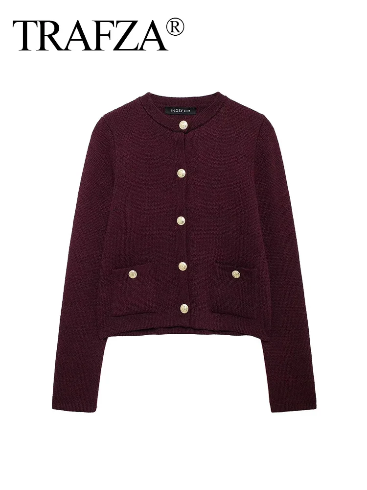 TRAFZA Autumn Women Elegant Burgundy O-neck Knitted Cardigan Fashion Metal Buttons Long Sleeve Sweater Female Casual Outerwear