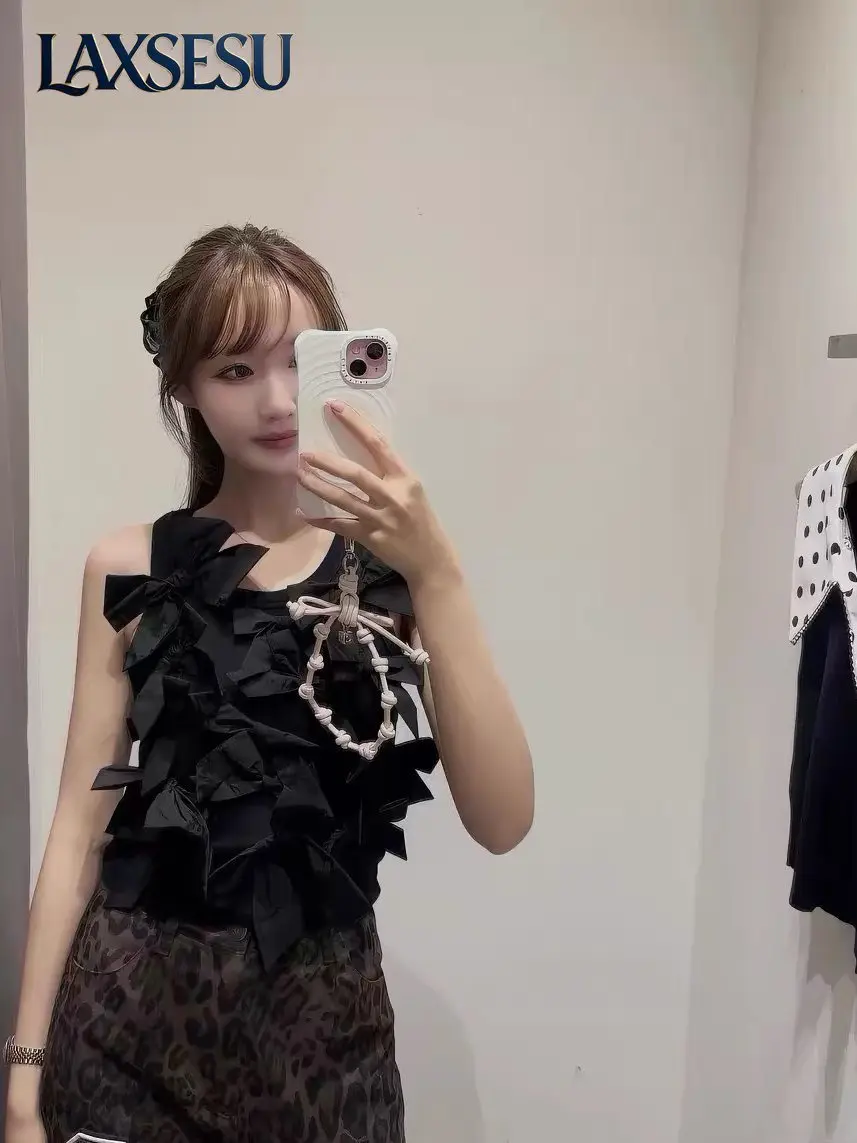2026 Japanese Summer Sweet Cool Girl Full Body Bow Small Tank Top Slim Short Style Show Thin Knitted Sleeveless Strap for Women