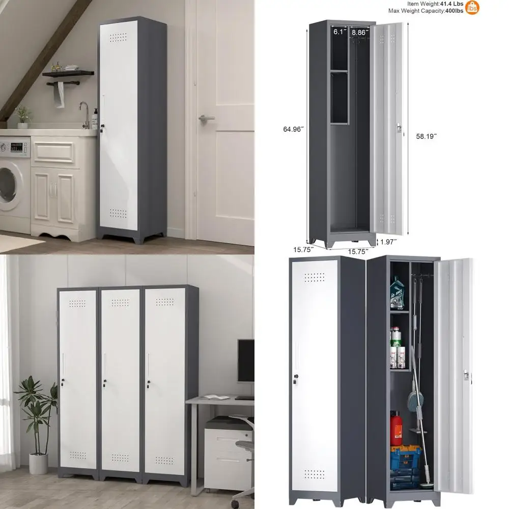 

65 Tall Slim Metal Broom Closet with Hanging Rod and S-Hooks, Storage Cabinet for Cleaning Tools, Suitable for Home and Garage