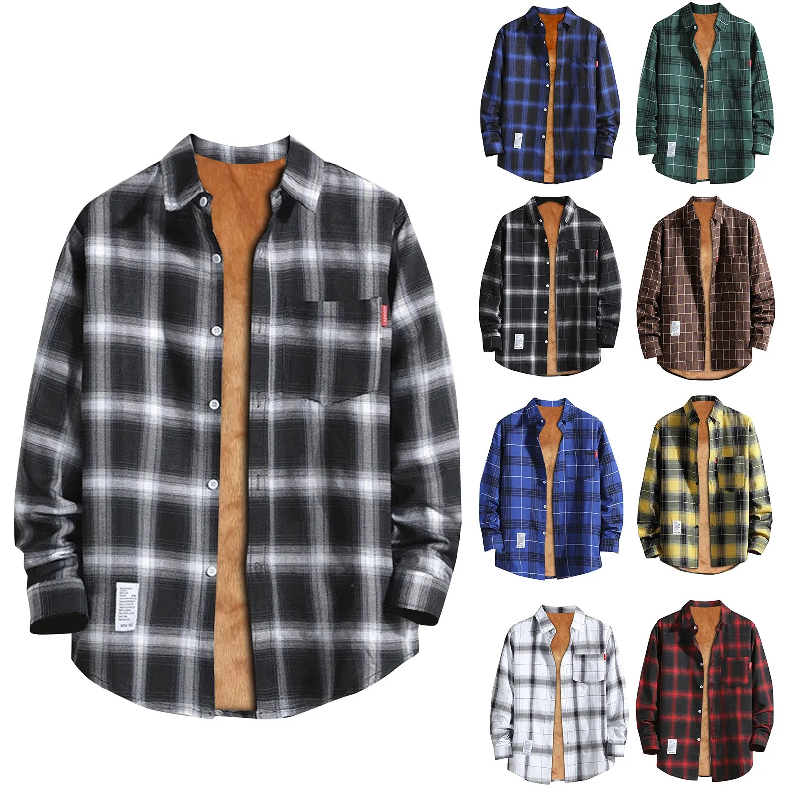 Winter Men\'S Jackets Casual Plaid Printing T-Shirt Thickened Warm Cotton Loose Lapel Long Sleeve Streetwear Male Shirts M-3xl