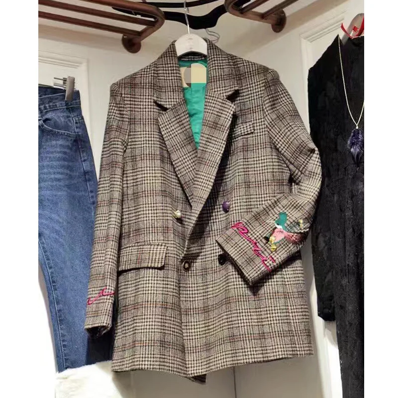 Blazer con ricamo floreale pied de poule retrò giacca scozzese con risvolto OL cappotto lungo abiti donna Cardigan doppiopetto allentato top