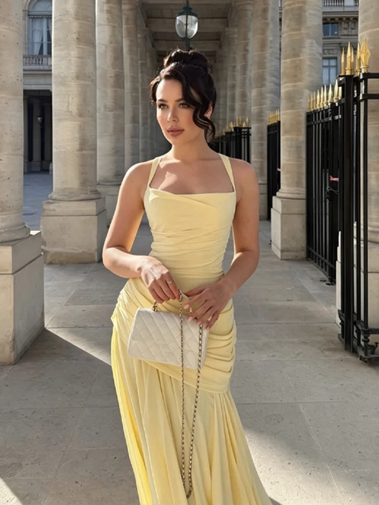 Rückenfreies Taillenschnürendes Slip-Kleid für Damen Sexy Tief Ausgeschnittenes Ärmelloses Plissiertes Schlankes Party-Abendkleid Schickes Damenkleid Neu – Detail 23
