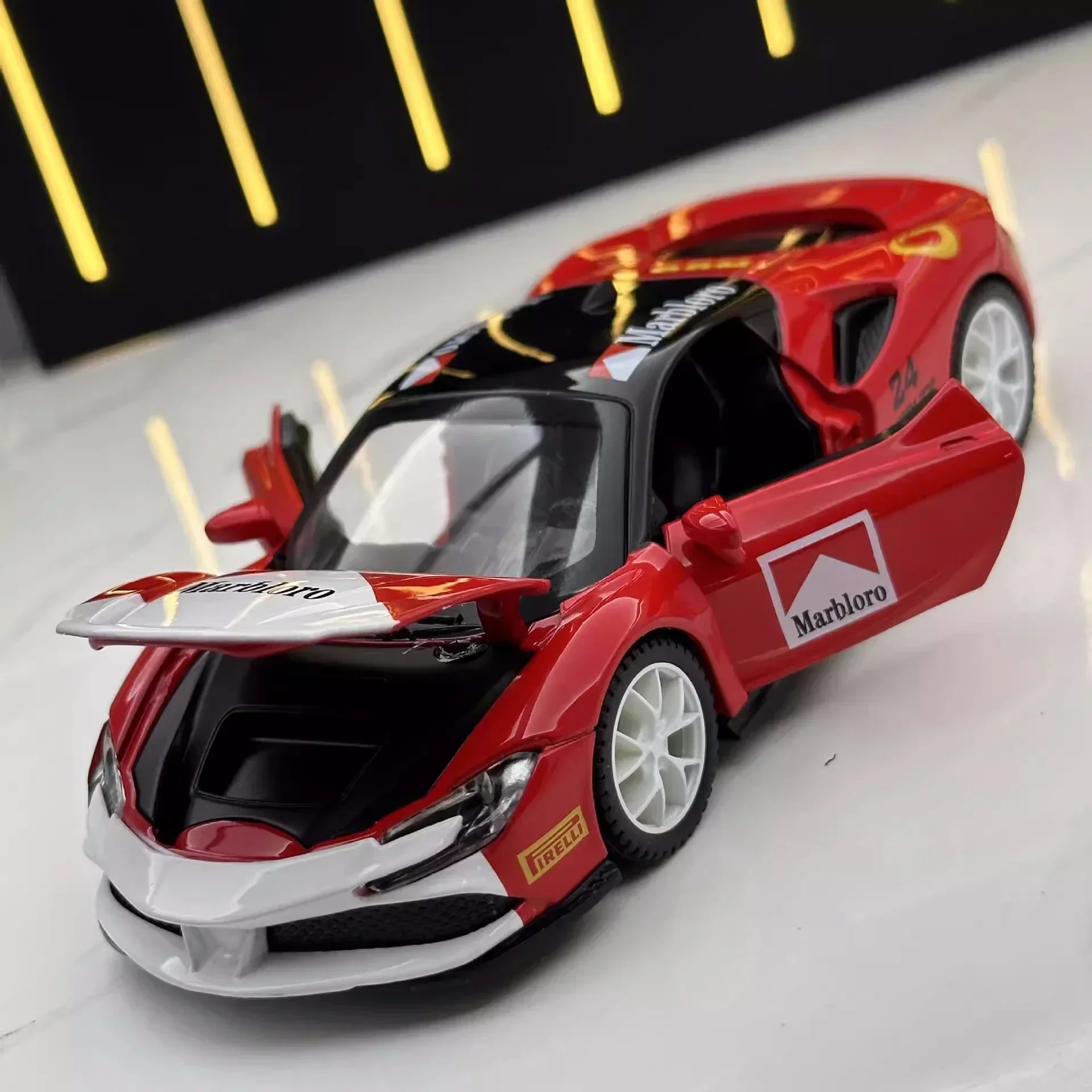 Ferrari-coche deportivo SF90, modelo de aleación de Metal fundido a presión, luz de sonido, Colección Pull Back, juguete, regalos, 1:32