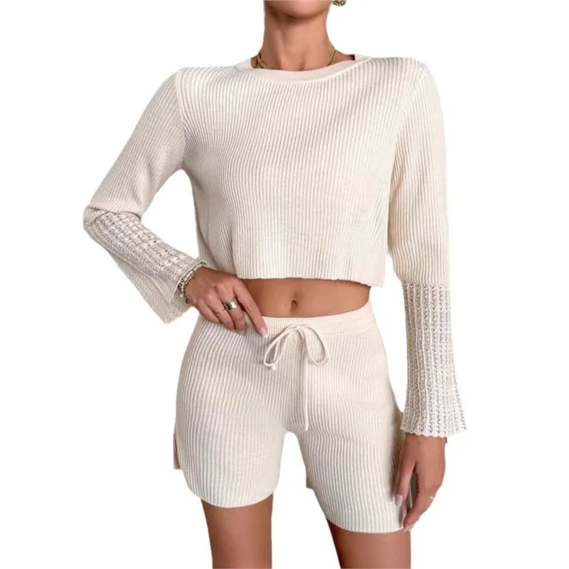 Moda novo umbigo-baring malha de manga comprida terno feminino damasco o-pescoço pulôver topo shorts conjunto casual homewear esporte terno