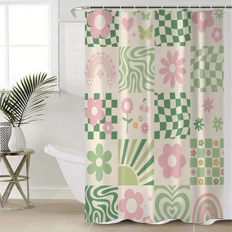 

Шторка для ванной VIKAMA, 1 шт., с цветочным узором и зеленым клетчатым принтом, без сверления, с широкими кольцами, разделительная, для душа