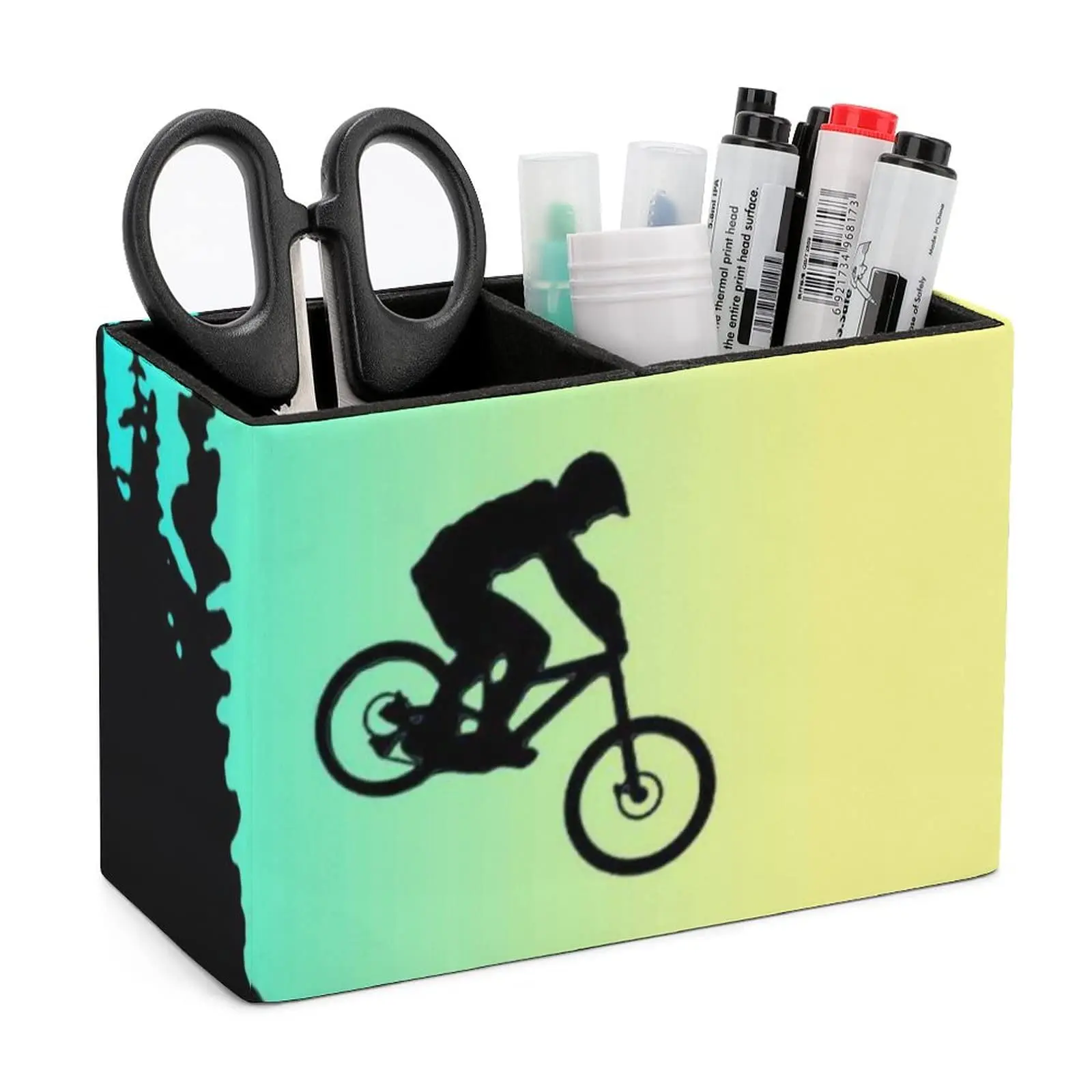 Bicycle Square Pencil Pen Holder PU Leather Desk Storage Organizer Girls Cute Makeup Brush Box for Home Office Children Gifts