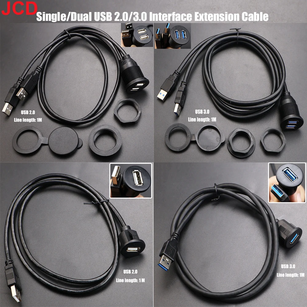JCD Car Dashboard Installation Extension Cable USB2.0/3.0 Male to Female Socket Panel Single Dual Port Waterproof Line Adapter