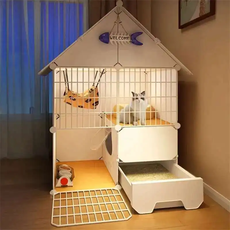 

Cat Cage Anti-jailbreak Home Indoor Cat House with Cat Litter Basin Toilet Super Large Space Multi-storey Cat Villa Pet Supplies