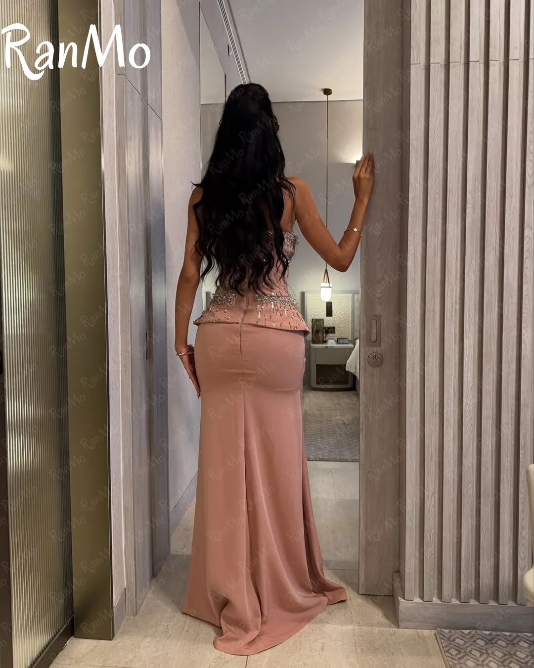 فستان المشاهير العربي بدون حمالات من Ranmo فستان فاخر مطرز على شكل حرف A للحفلات الراقصة من Vestidos De Noche لحفلات أعياد الميلاد مخصص