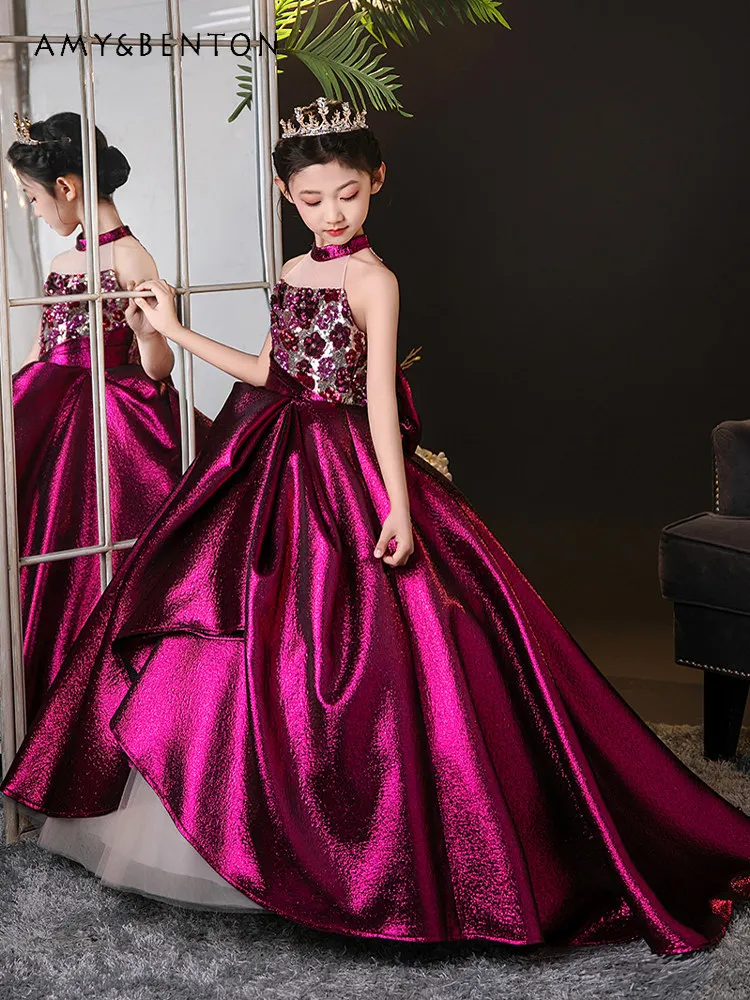 

2026 New Summer Girls High End Heavy Host Evening Maxi Dress Kids Sleeveless Luxury Red Sequin Floral Bow Princess Ball Gown