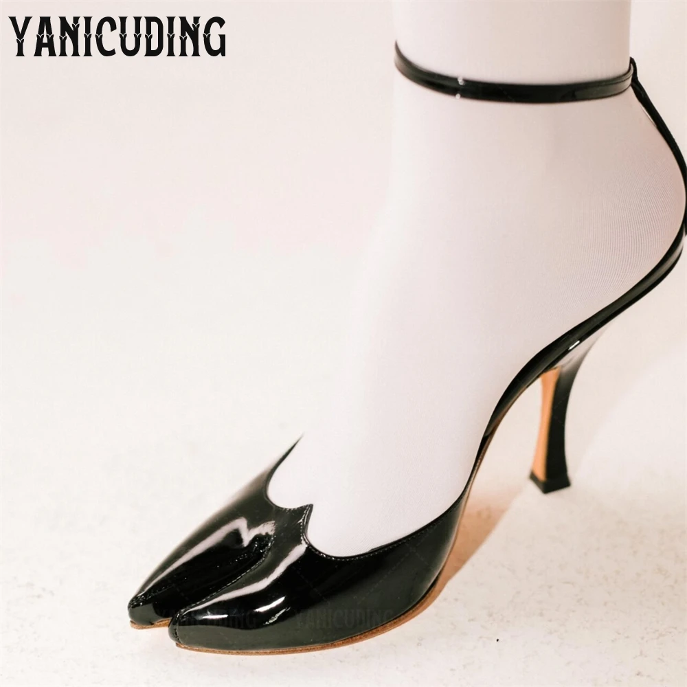 

Patent Leather Pointed Cleft Toe Pumps Novelty Designer Style Heart Lobster High Heels Customizable Color Buckle Pumps for Women