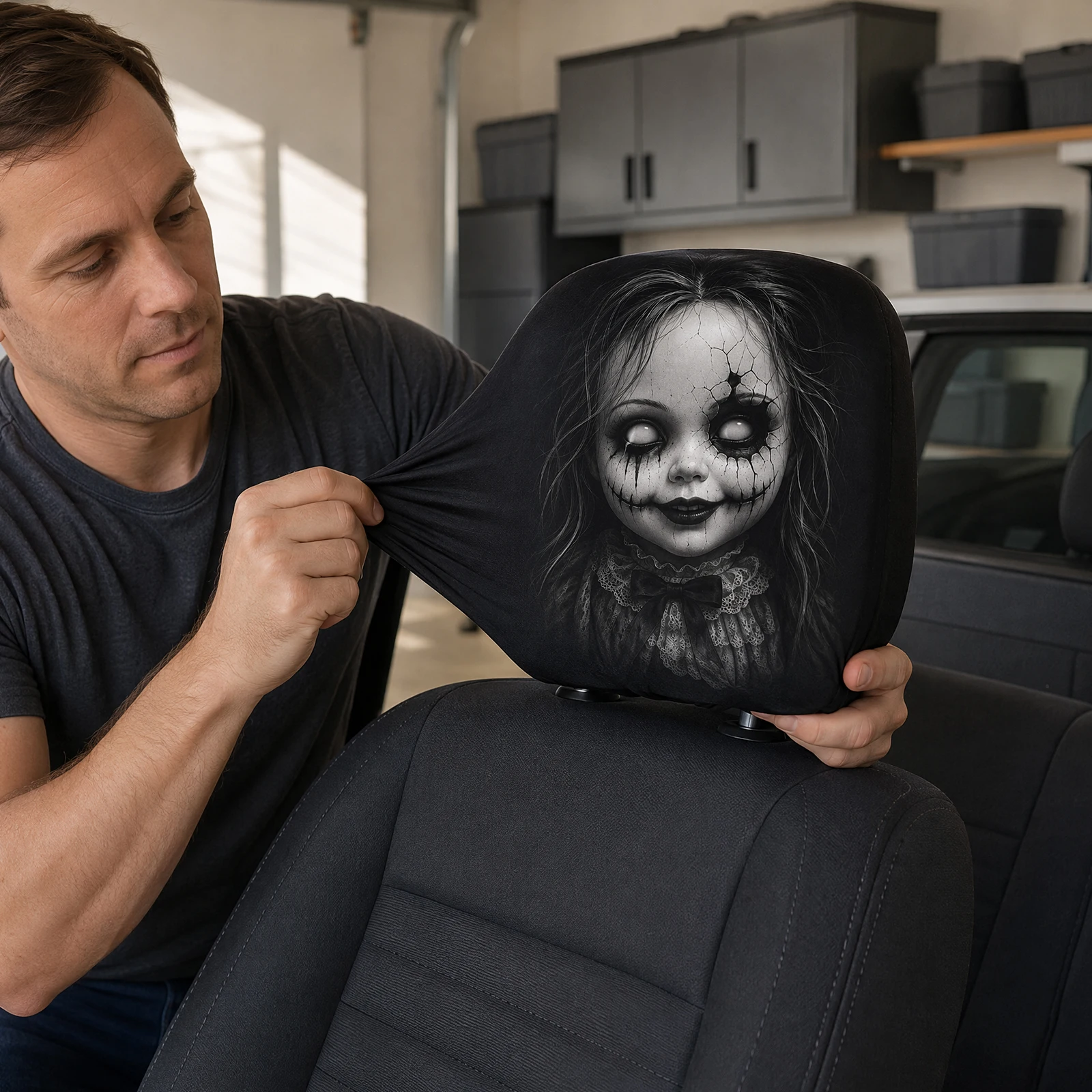 Car Headrest Pillow Cover 2PCS Funny Ghost Face Elastic Universal Auto Interior Sleeve