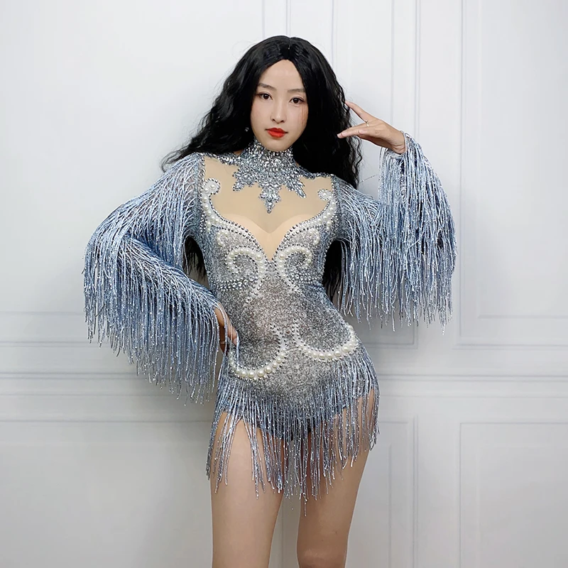 

New Sexy Sparkly Rhinestone Mirror Bodysuit Tassel Singer Performance Dress