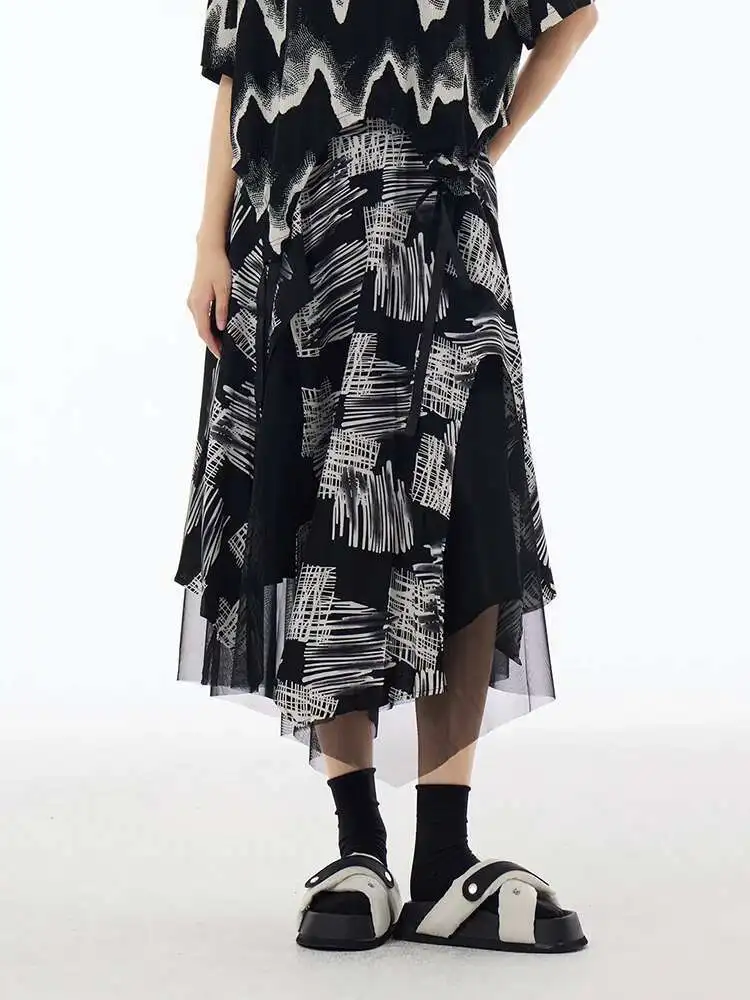 

High Elastic Waist Black Pattern Printed Mesh A-line Half-body Skirt Women Fashion Tide New Spring Autumn