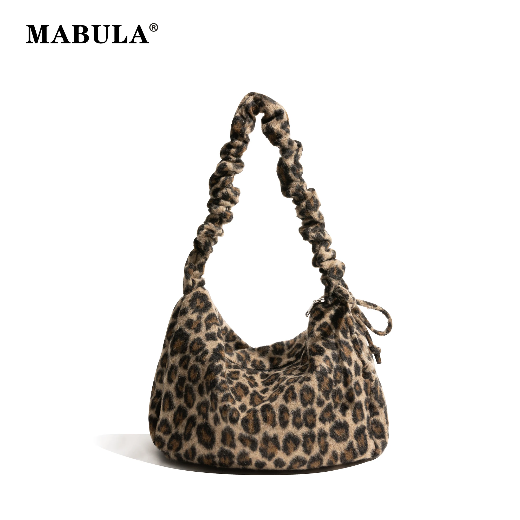 

MABULA Pleated Strap Leopard Printed Ladies Daily Commuter Work Hobo Handbag Drawstring Design Lazy Underarm Shoulder Phone Bag