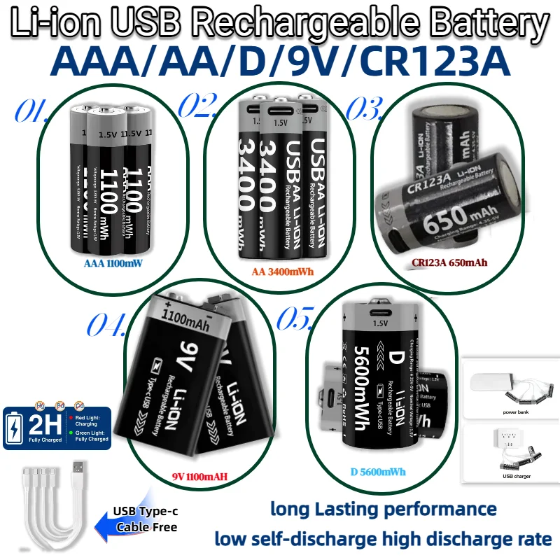

New AA/AAA/CR123A/9V/D 1100mWh 3400mWh 5600mWh USB Rechargeable 1.5V Lithium Batteries with Cable for Flashlight/Remote/Camera