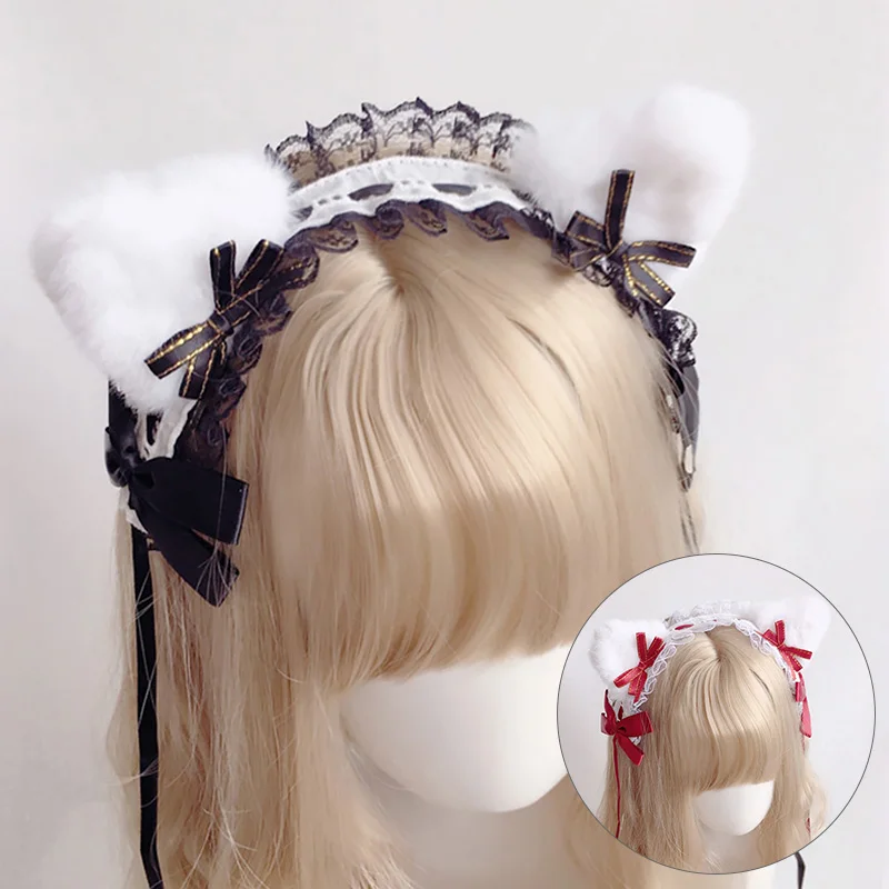 Lolita Katzenohren-Haarband für Frauen, süße Spitze, Haarnadel, Kopfschmuck, Cosplay, Anime-Stirnbänder, Plüsch-Kunstfell-Ohren, Band, Schleife, Haarreifen – Detail 2