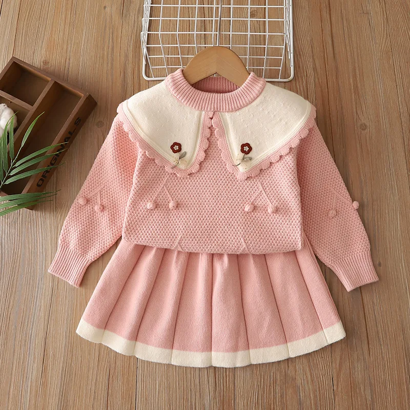 Girls Sweater Set 2026 New Knit Pullover Top Wide Collar Skirt 2 Piece Outfit 3D Cherry Decoration for 90-130cm