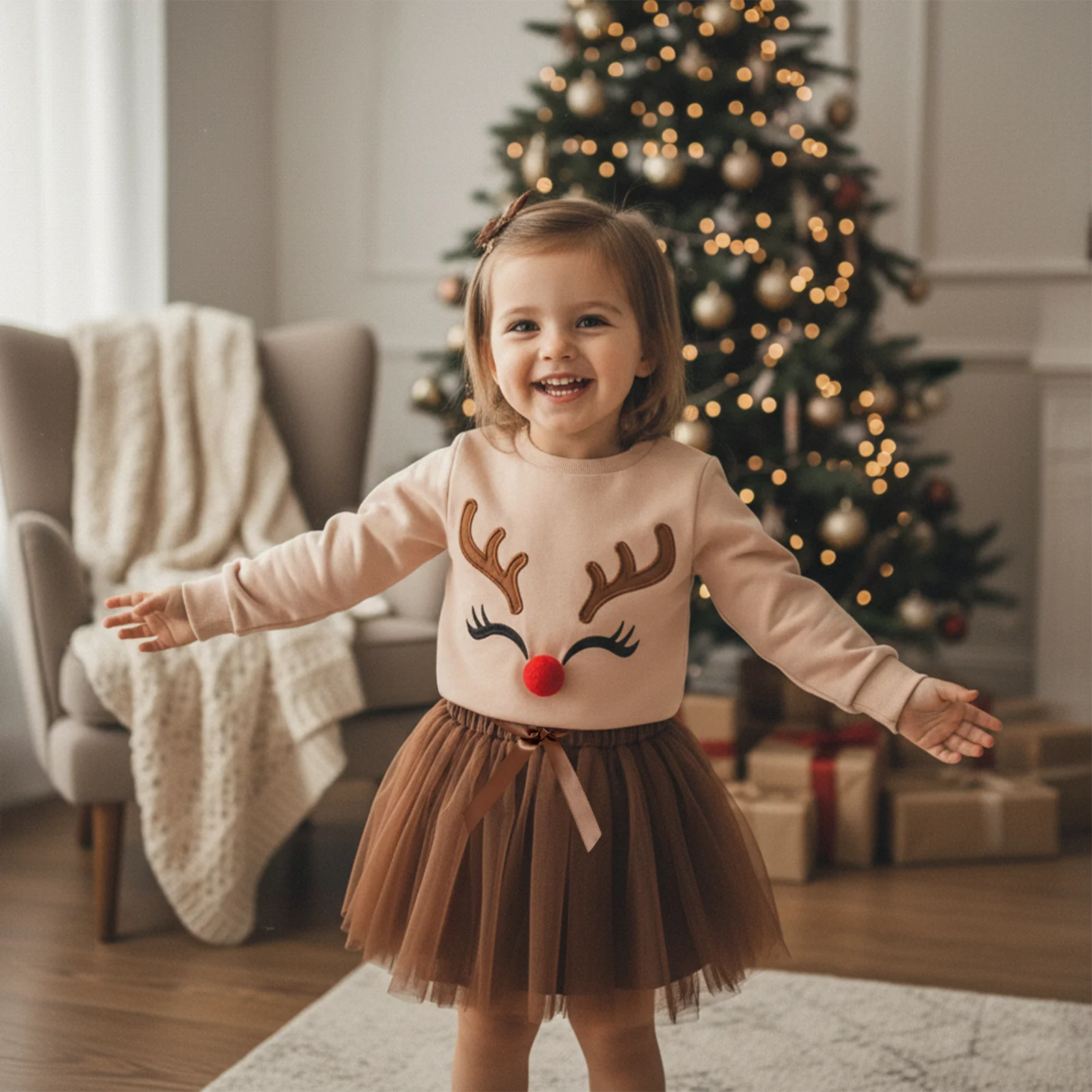 1-5Y Cute Toddler Little Girl Christmas Outfit Reindeer Long Sleeve Sweatshirt Tulle Skirt 2 Piece Set Costume