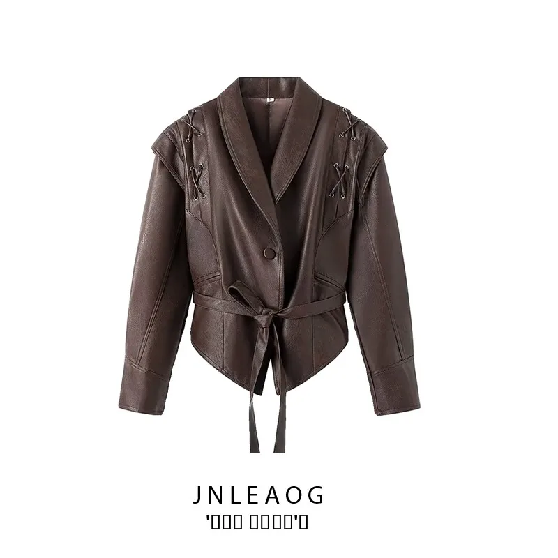 معطف JNLEAOG ربيعي جديد للنساء بتصميم Faion من الجلد البني القديم معطف Jaet Street Sle طويل من ألياف البوليستر #1