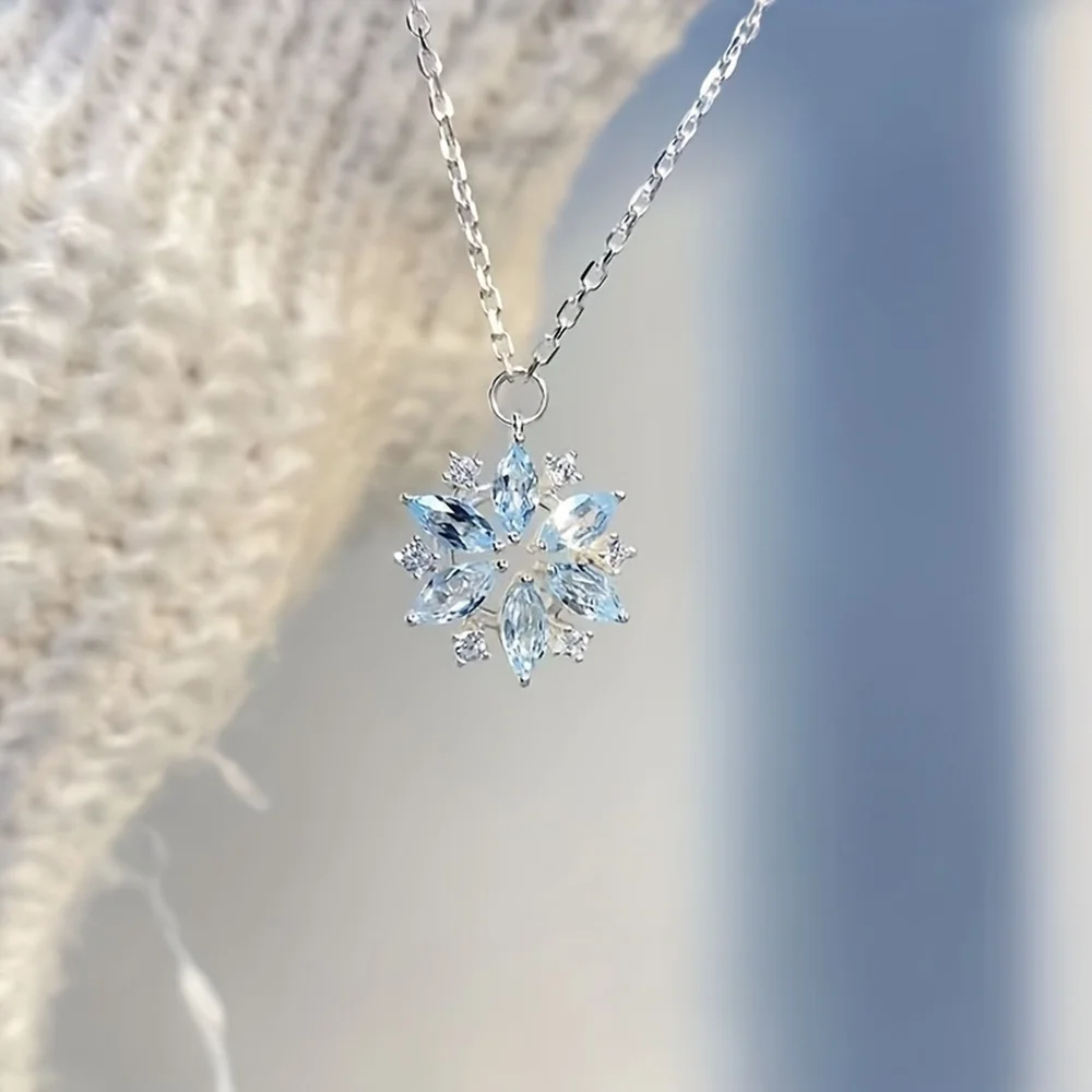 Chic Sky Blue Snowflake Necklace – White K-Plated Fashion Pendant, Perfect for Birthday & Christmas Gifts Niche Style Hot List,