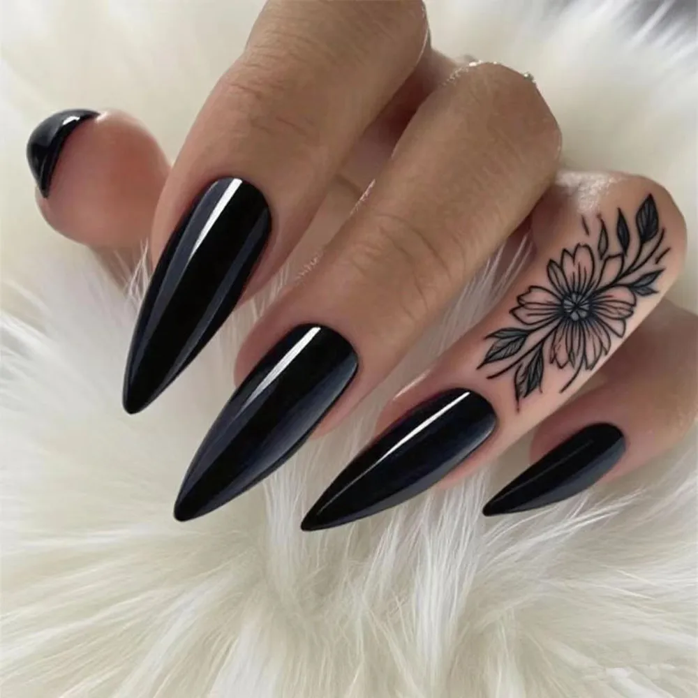 

Acrylic Press On Nails Glossy Black False Nails With Glue Sticker Long Stiletto Fingernails DIY Lady Manicure Fake Nails Tips