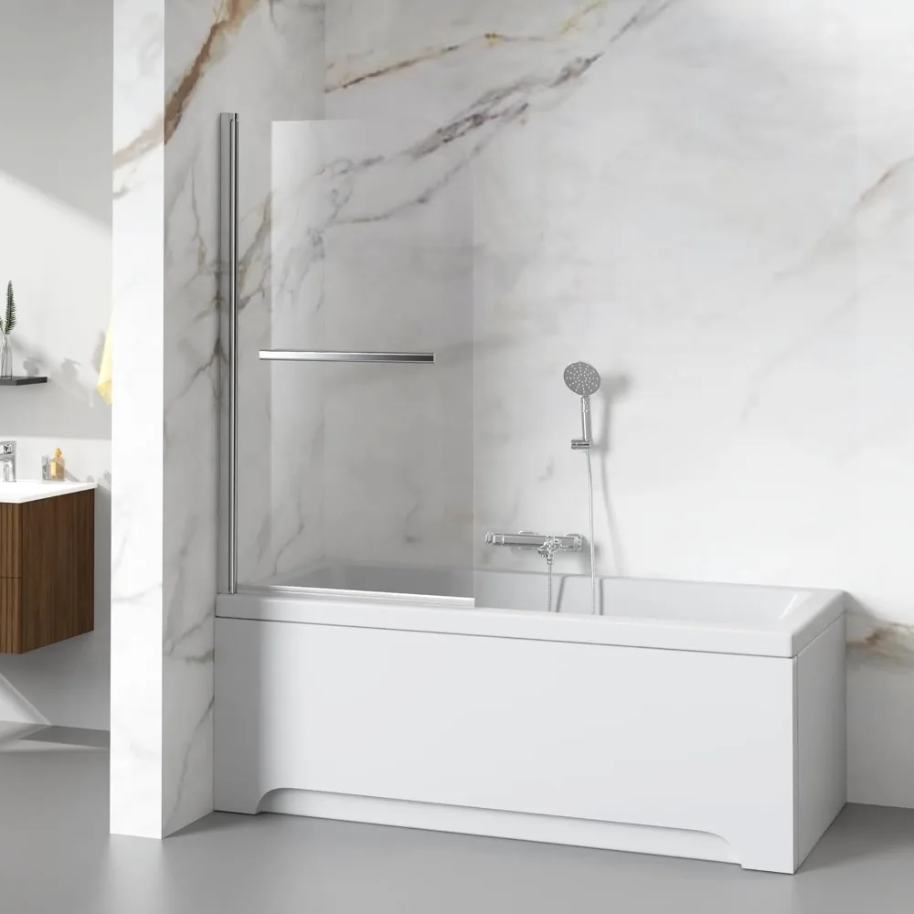 

Bathtub Shower Door 32" x 55" Frameless Hinged Shower Screen for tub with Towel Bar Handle 180 Pivot Degree, Reversible, Chrome