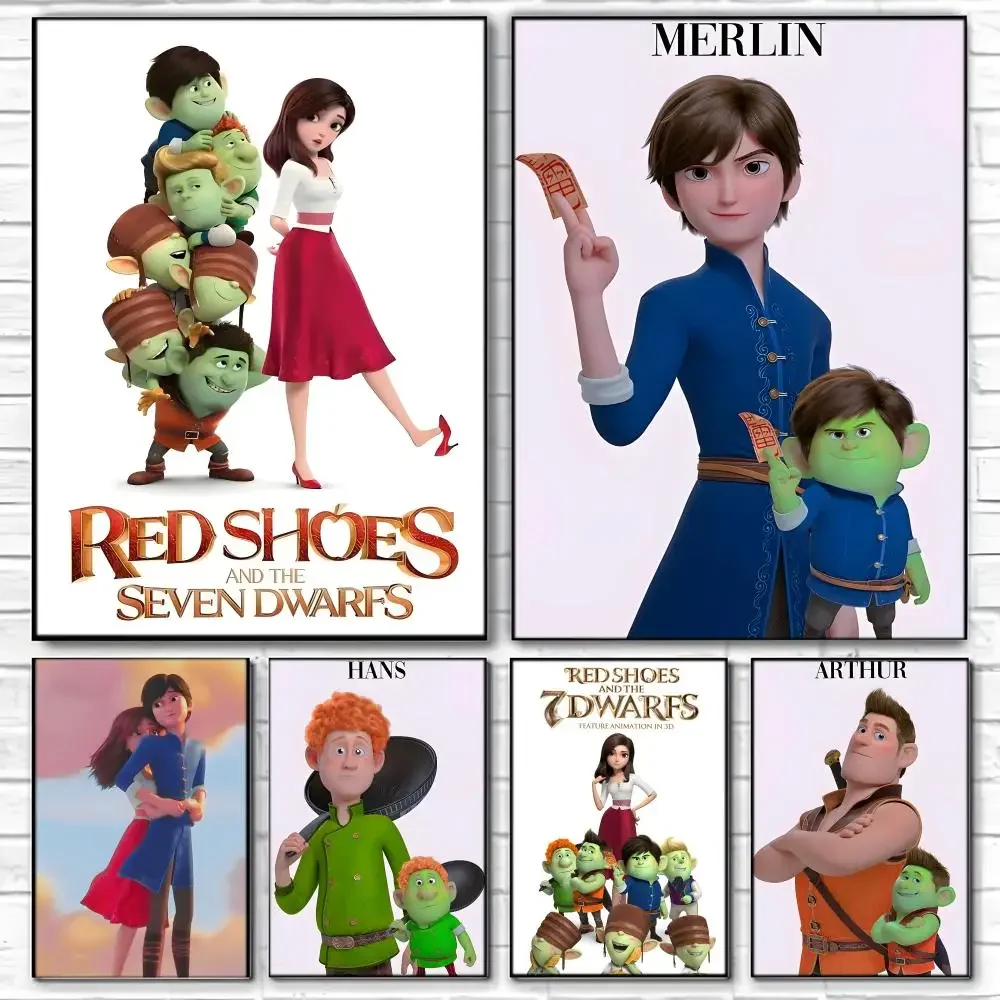 Cartoon R-Red Shoes And The Seven Dwarfs Poster Self-adhesive Art Waterproof Paper Sticker Coffee House Bar Room Wall Decor
