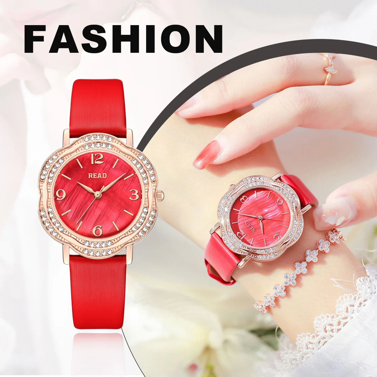 READ Ladies Analog Dress Watch | Floral Contour Case | Sparkle Bezel | Red Textured Band | Daily Water Resistant Wrist Watch