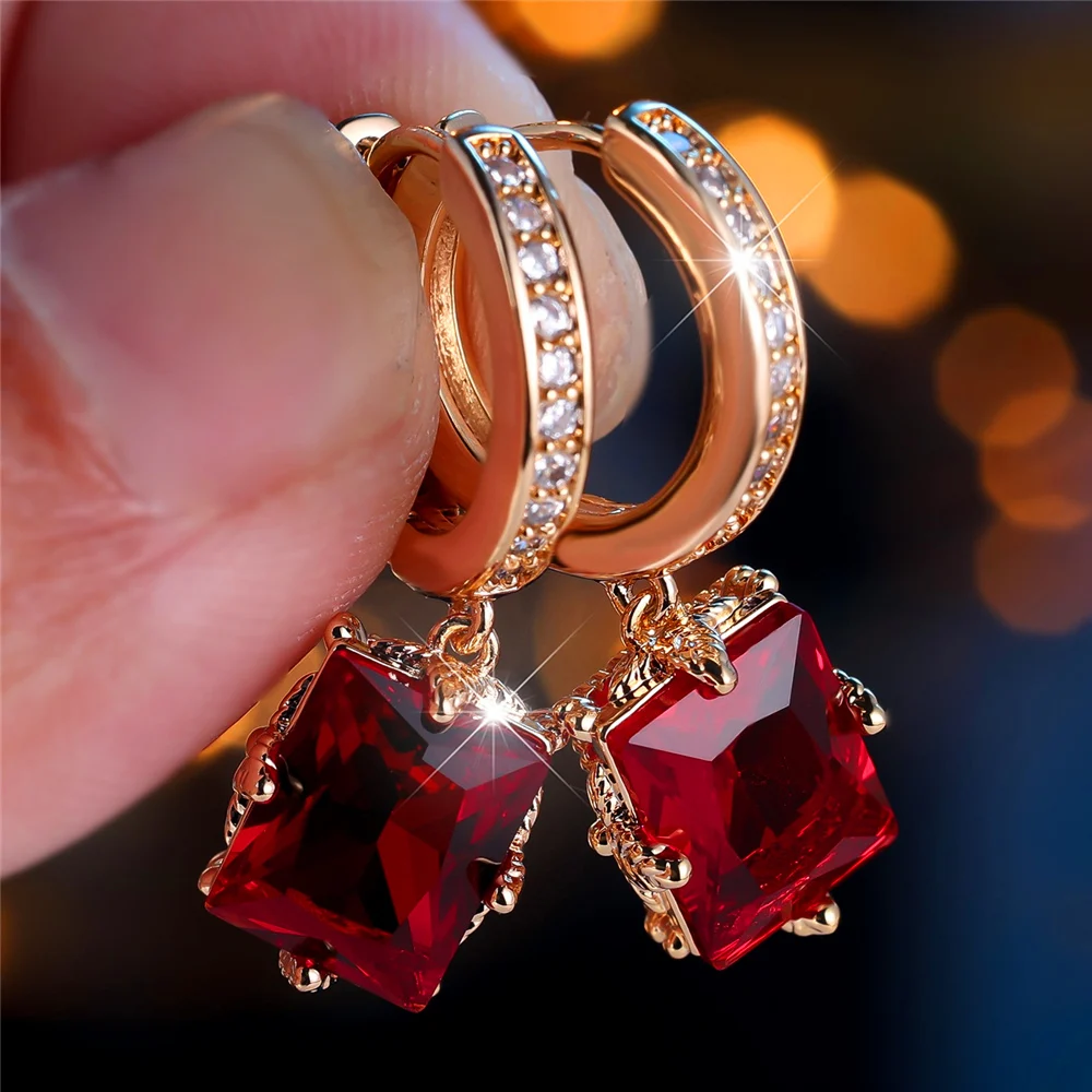 Boucles d'oreilles carrées en cristal blanc vert rouge pour femmes, bijoux de mariage Vintage couleur or, tendance