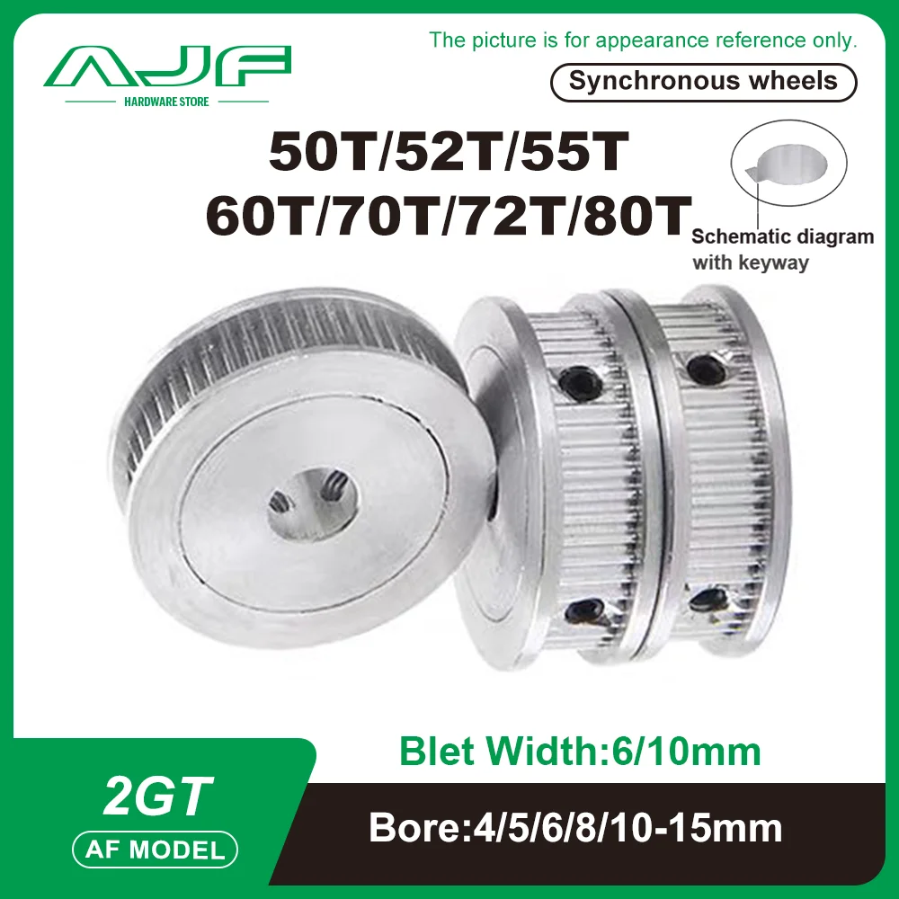 2GT Timing Pulley 50T/52T/55T/60T/70T/72T/80Teeth GT2 Synchronous Wheel for Belt Width 6/10mm Keyway Bore 4-15mm 2GT Pulley