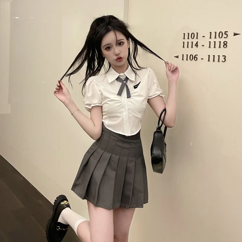 

Sweet College Style Uniform Set Puff Sleeve Slimming Shirt+High-waistedjkPleated Skirt Desire Two-Piece Set