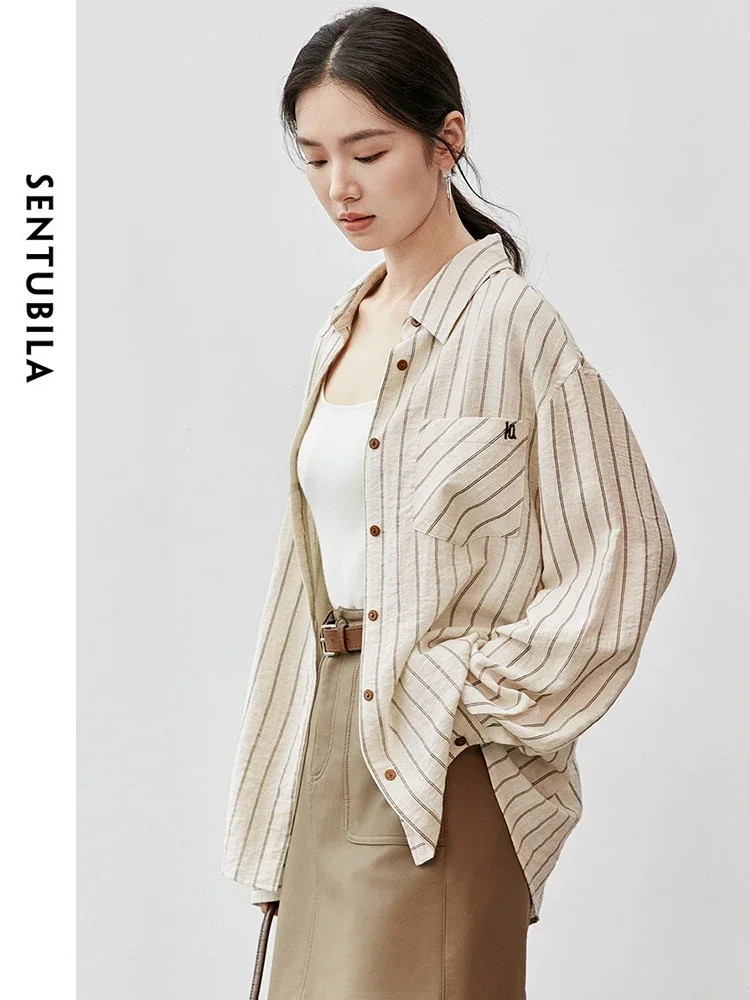 SENTUBILA Women Linen Spliced Striped Shirt  2024 Autumn Casual Loose Turn Down Collar Letter Embroidery  Blouse 143C56024