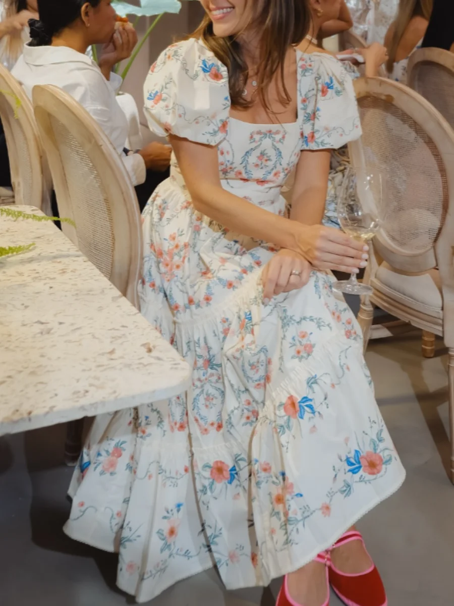 

Новинка 2023 года, женское платье миди с цветочным принтом, квадратный воротник, пышные рукава, высокая талия, оборки, праздничное женское платье из 100% хлопка