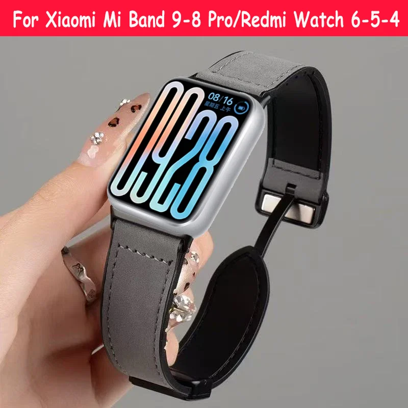 Silikon- und Lederarmband für Xiaomi Mi Band 8-9 Pro Smartwatch, modisches Armband mit magnetischer Schnalle für Redmi Watch 4-5-6 Zubehör