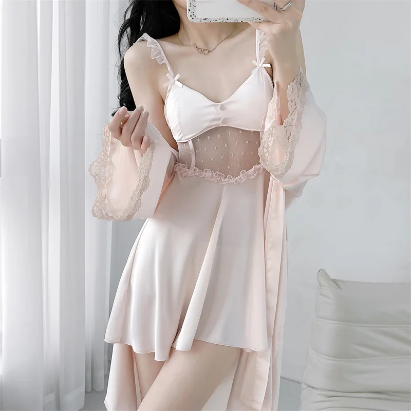 

Robe Set Nightgown 2PCS Women Nightdress Lace Sleepshirt Kimono Gown Suit Summer Rayon Bathrobe Sleepwear Loungewear Homedress