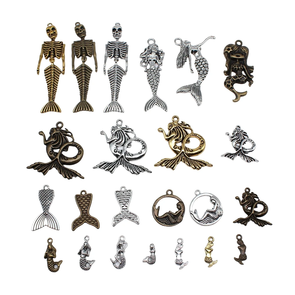 10pcs Charms Lovely Mermaid Antique Bronze Silver Color Plated Pendants Making DIY Handmade Tibetan Jewelry