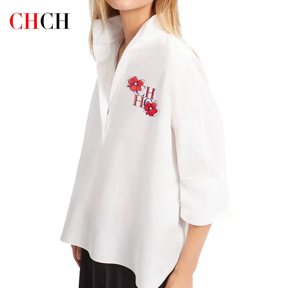 CHCH New 2024 Summer White Blouse 100% Cotton Elegant Temperament office Shirts Women Short Sleeve Casual Tops Solid Blusas