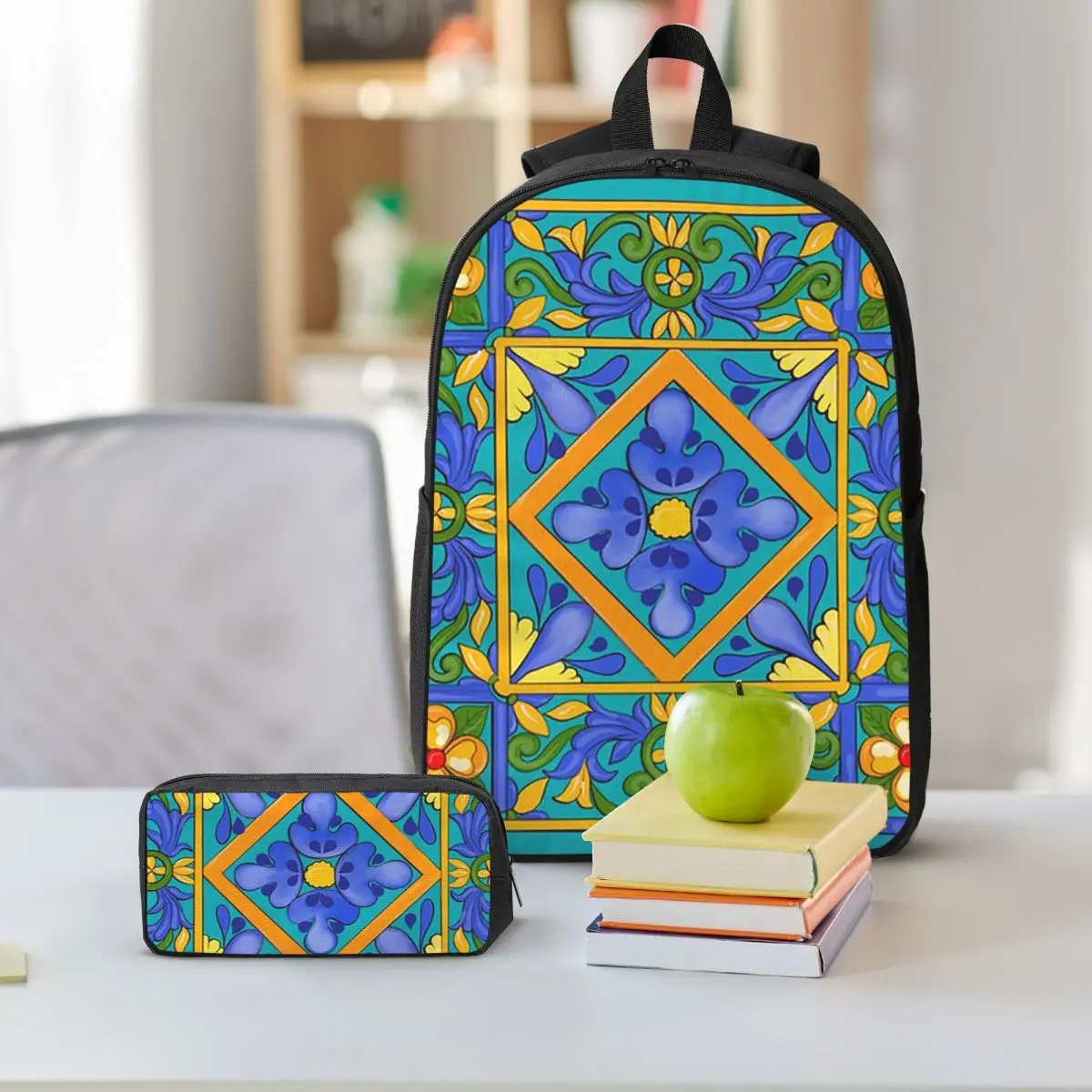 Summer ,Sicilian Tiles ,majolica,lemons ,Mediterranean Backpack BookBag School Bag Shoulder Bags 3ps Lunch Bag Pencil Case