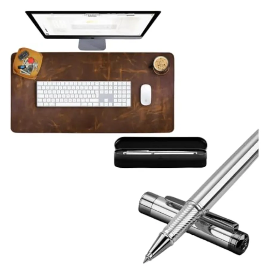 

Luxury Rollerball Pen and Real Leather Desk Mat Bundle Chrome Silver Executive Pen with Schmidt Ink and Large 32x16 Desk Pad Bl