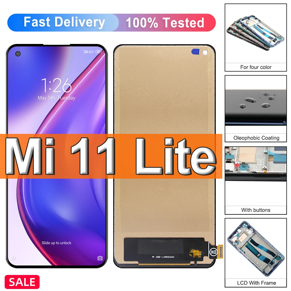 

100% протестирован для Xiaomi Mi 11 Lite, жк-дисплей, сенсорный экран, дигитайзер в сборе, 6,55 дюйма для Xiaomi Mi 11 Lite, 5G, экран с рамкой