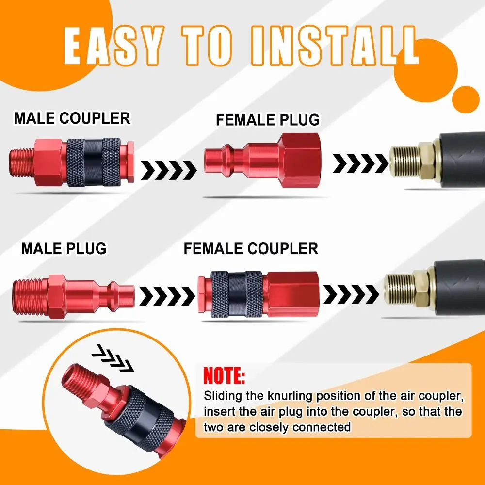 1/4 Inch NPT Thread Air Coupler Plug Kit Aluminium Lightweight Universal Fitting Quick Connect Connector Set Red Coating
