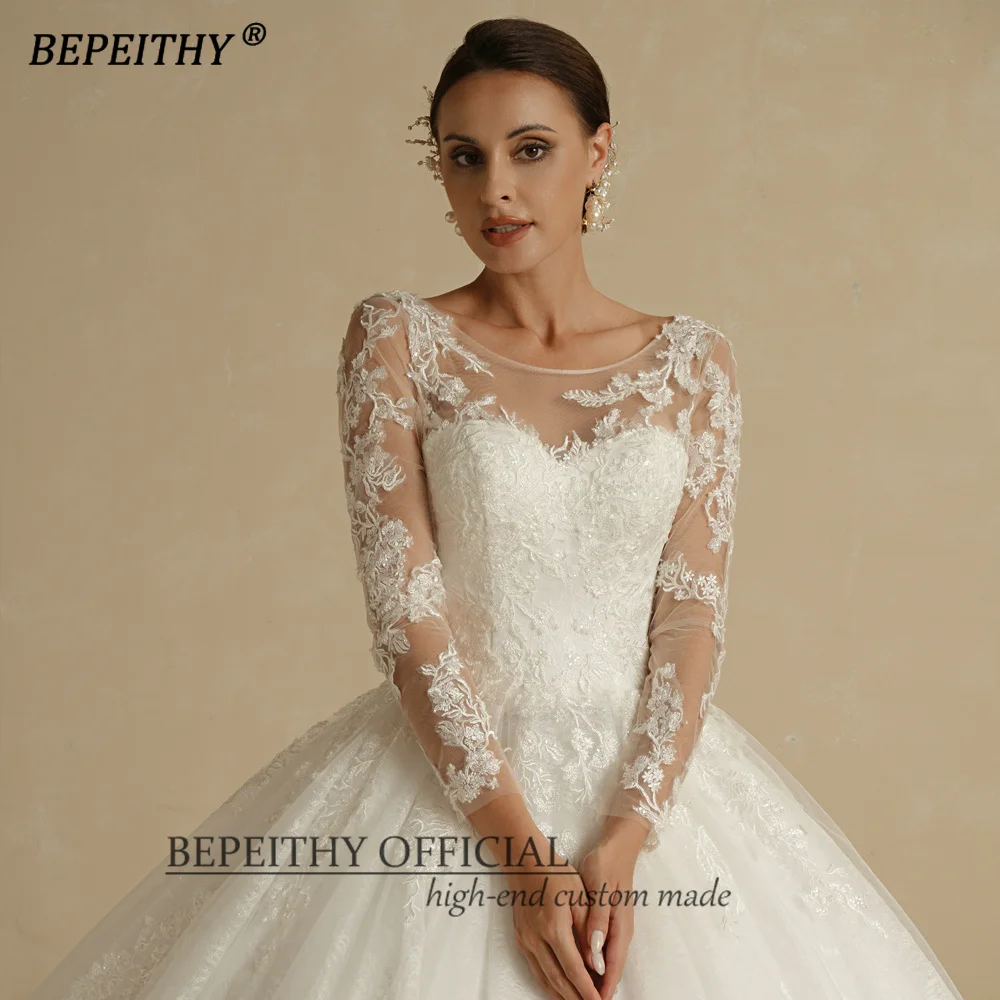 BEPEITHY-Vestidos de Novia de encaje de marfil para mujer, vestidos de novia de manga completa, tren de la capilla, vestido de baile de princesa blanco, Vintage Scoop, 2022