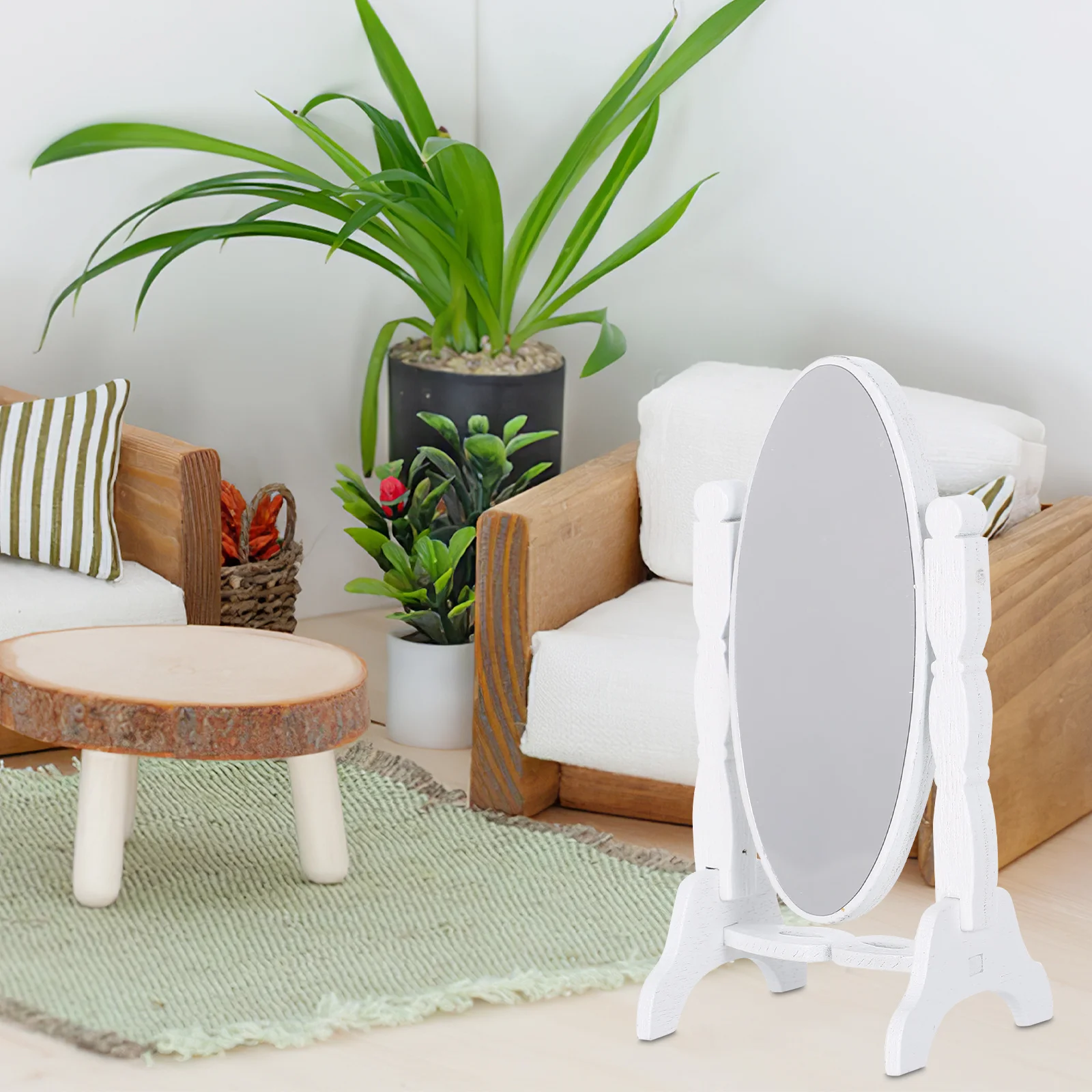 

2Pcs White Miniature Vintage Standing Mirror Wooden Frame Dollhouse Bedroom Craft Decorative Retro Vanity Mirror