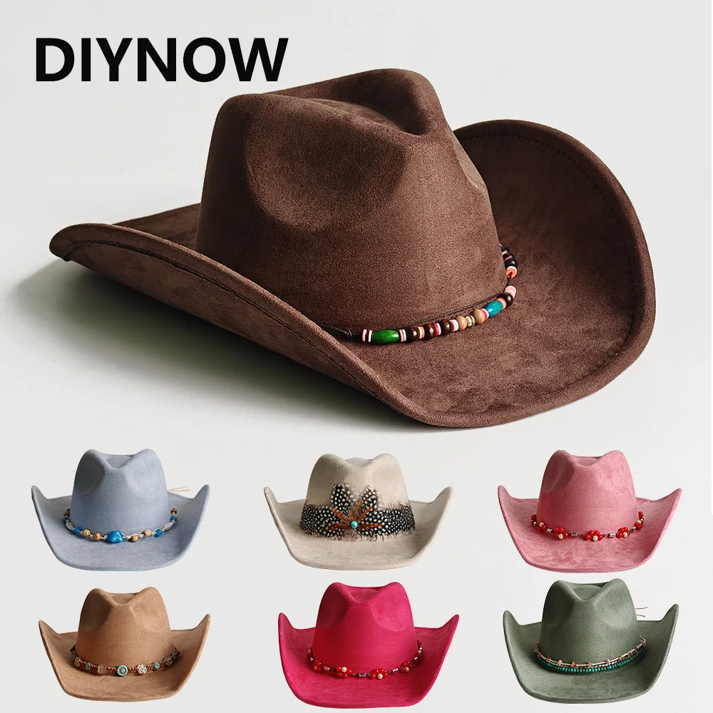 Suede Cowboy Hat for Women Men with Removable Beaded Hat Band Western Cowgirl Hat Wide Brim Vintage Rodeo Festival Party Hat